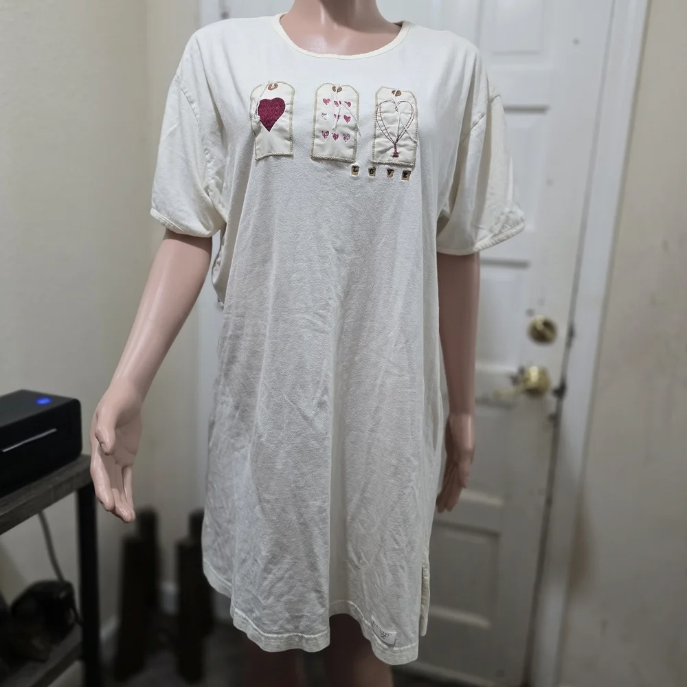 Cream Pocket-Detail Nightshirt with Heart Accents